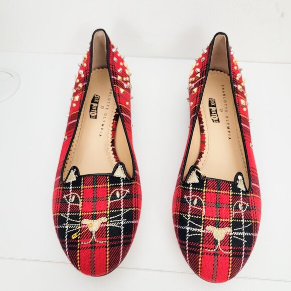 Charlotte Olympia Sex Pistols Kitty Unplugged Plaid Flats 39 9 - Picture 2 of 6